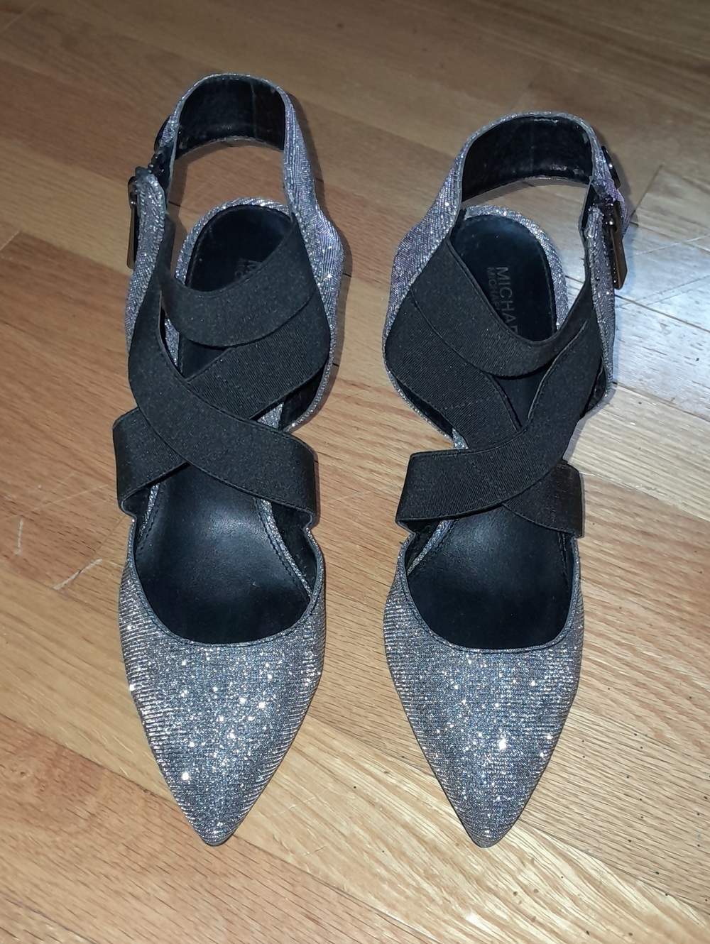 Michael Kors Glitter Silver Pointed Mary Jane Heels with Black Cross Straps